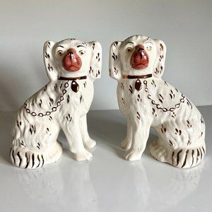 1990's Staffordshire Spaniel Dogs Pair Cream w/Gold Accents Brown Muzzle 10"